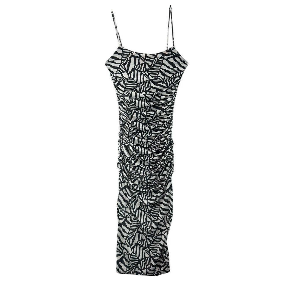 NWT‎ Self Contrast Midi Dress Womens Sz M Black White Ruched Mesh Bodycon